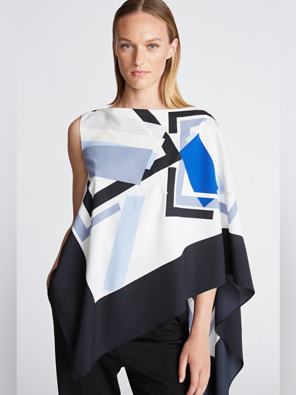 HALSTON Maggie in Crème de Chine Geometric Print Asymmetric Cape Top Sz XL NWT